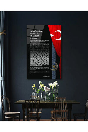 Atatürk'ün Gençliğe Hitabesi Cam Tablo Modern Ev Ofis Salon Hediyelik Büyük Tablo Duvar Dekoru