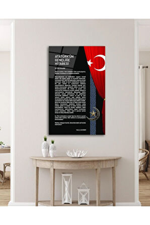 Atatürk'ün Gençliğe Hitabesi Cam Tablo Modern Ev Ofis Salon Hediyelik Büyük Tablo Duvar Dekoru