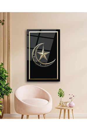 Ay Yıldız Cam Tablo Modern Ev Ofis Salon Hediyelik Büyük Tablo Duvar Dekoru