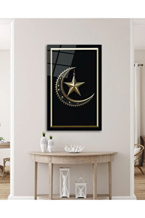 Ay Yıldız Cam Tablo Modern Ev Ofis Salon Hediyelik Büyük Tablo Duvar Dekoru