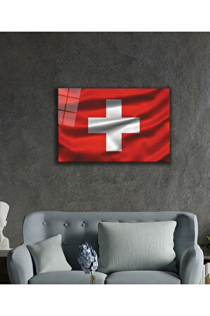 İsviçre Cam Tablo 4mm Dayanıklı Temperli Cam, Swiss Flag Glass Wall Art