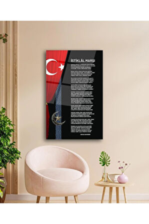 İstiklal Marşı ve Türk Bayrağı Cam Tablo Modern Ev Ofis Salon Hediyelik Büyük Tablo Duvar Dekoru