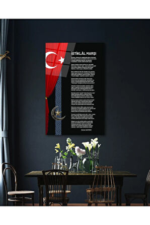 İstiklal Marşı ve Türk Bayrağı Cam Tablo Modern Ev Ofis Salon Hediyelik Büyük Tablo Duvar Dekoru