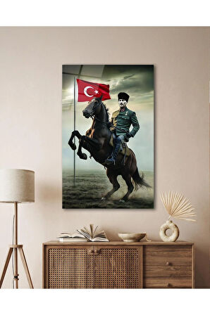 Atatürk Portre ve Türk Bayrağı Cam Tablo Modern Ev Ofis Salon Hediyelik Büyük Tablo Duvar Dekoru