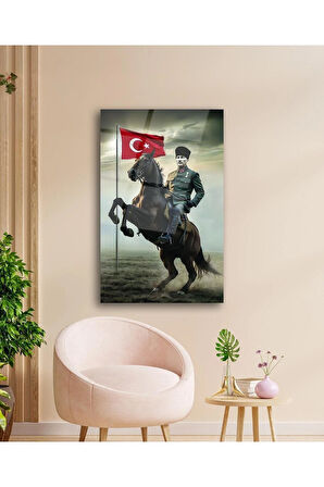 Atatürk Portre ve Türk Bayrağı Cam Tablo Modern Ev Ofis Salon Hediyelik Büyük Tablo Duvar Dekoru