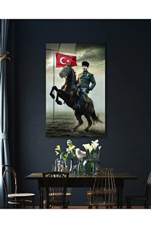 Atatürk Portre ve Türk Bayrağı Cam Tablo Modern Ev Ofis Salon Hediyelik Büyük Tablo Duvar Dekoru