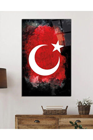Türk Bayrağı Dikey Cam Tablo Hediyelik Büyük Tablo Ev Ofis Dekoru