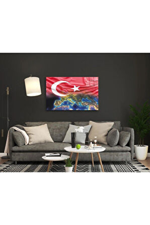 İdealizbiz Türk Bayrağı ve Dünya Haritası Cam Tablo 4mm Dayanıklı Temperli Cam