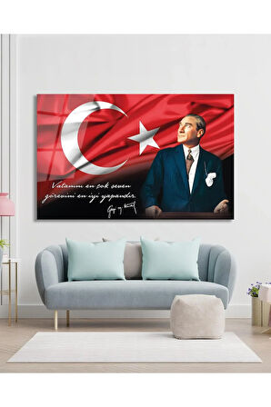 Atatürk Portre Cam Tablo Vatanını En Çok Seven Görevini En İyi Yapandır Kurum Hediyelik Büyük Tablo