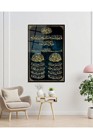 İhlas , Felak ve Nas Suresi Cam Tablo Dini İslami Modern Ev Ofis Salon Hediyelik Tablo