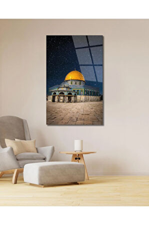 Kudüs Kubbetüs Sahra Mescidi Aksa Cam Tablo Dini İslami Modern Ev Ofis Salon Hediyelik Büyük Tablo