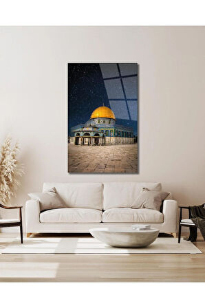 Kudüs Kubbetüs Sahra Mescidi Aksa Cam Tablo Dini İslami Modern Ev Ofis Salon Hediyelik Büyük Tablo