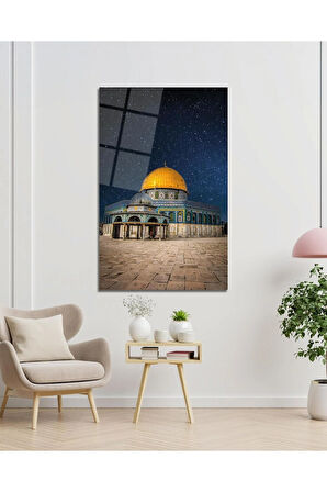 Kudüs Kubbetüs Sahra Mescidi Aksa Cam Tablo Dini İslami Modern Ev Ofis Salon Hediyelik Büyük Tablo