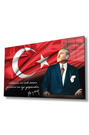 Atatürk Portre Cam Tablo Vatanını En Çok Seven Görevini En İyi Yapandır Kurum Hediyelik Büyük Tablo