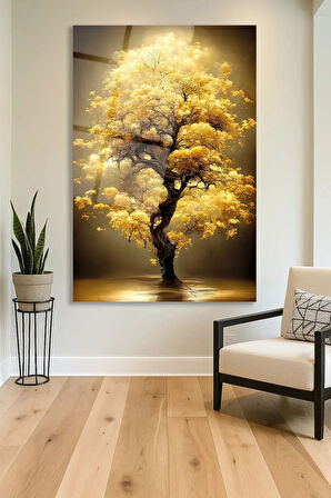 Sarı Yapraklı Ağaç Manzara Cam Tablo, Modern Ev Ofis Salon Duvar Dekoru Hediyelik Büyük Tablo Dekor