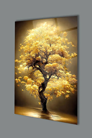 Sarı Yapraklı Ağaç Manzara Cam Tablo, Modern Ev Ofis Salon Duvar Dekoru Hediyelik Büyük Tablo Dekor