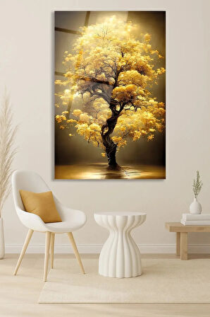 Sarı Yapraklı Ağaç Manzara Cam Tablo, Modern Ev Ofis Salon Duvar Dekoru Hediyelik Büyük Tablo Dekor