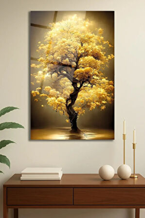 Sarı Yapraklı Ağaç Manzara Cam Tablo, Modern Ev Ofis Salon Duvar Dekoru Hediyelik Büyük Tablo Dekor