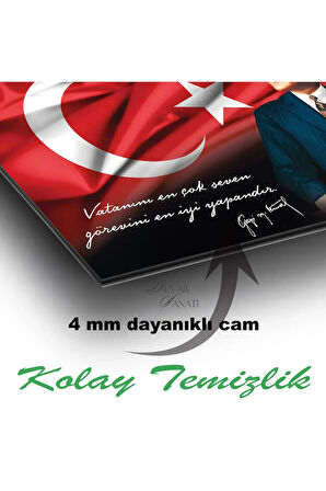 Atatürk Portre ve Türk Bayrağı Vatanını En Çok Seven Görevini En İyi Yapandır Cam Tablo, Hediyelik