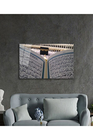 Kuran ve Kabe Dini İslami Duvar Dekoru Kaligrafi Cam Tablo 4mm Dayanıklı Temperli Cam