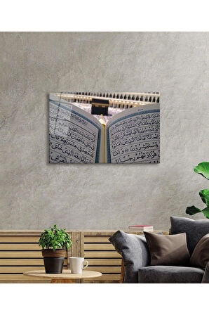 Kuran ve Kabe Dini İslami Duvar Dekoru Kaligrafi Cam Tablo 4mm Dayanıklı Temperli Cam