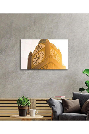 Allah Lafzı Saat Kulesi Dini Duvar Dekoru Cam Tablo 4mm Dayanıklı Temperli Cam
