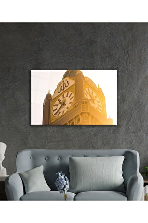 Allah Lafzı Saat Kulesi Dini Duvar Dekoru Cam Tablo 4mm Dayanıklı Temperli Cam