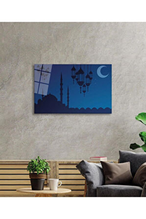 Cami ve Hilal Dini Cam Dekor Tablo 4mm Dayanıklı Temperli Cam