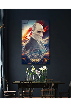Atatürk Portre ve Türk Bayrağı Cam Tablo Modern Ev Ofis Salon Hediyelik Büyük Tablo Duvar Dekoru
