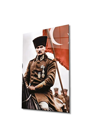 Atatürk Portre ve Türk Bayrağı Cam Tablo Modern Ev Ofis Salon Hediyelik Büyük Tablo Duvar Dekoru