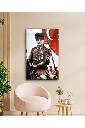 Atatürk Portre ve Türk Bayrağı Cam Tablo Modern Ev Ofis Salon Hediyelik Büyük Tablo Duvar Dekoru