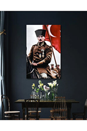 Atatürk Portre ve Türk Bayrağı Cam Tablo Modern Ev Ofis Salon Hediyelik Büyük Tablo Duvar Dekoru