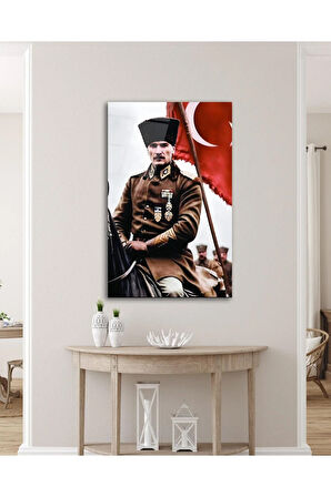 Atatürk Portre ve Türk Bayrağı Cam Tablo Modern Ev Ofis Salon Hediyelik Büyük Tablo Duvar Dekoru