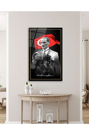 Atatürk Portre ve Türk Bayrağı Cam Tablo Modern Ev Ofis Salon Hediyelik Büyük Tablo Duvar Dekoru