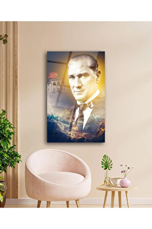 Atatürk Portre ve Türk Bayrağı Cam Tablo Modern Ev Ofis Salon Hediyelik Büyük Tablo Duvar Dekoru