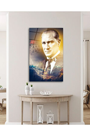 Atatürk Portre ve Türk Bayrağı Cam Tablo Modern Ev Ofis Salon Hediyelik Büyük Tablo Duvar Dekoru