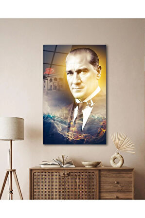 Atatürk Portre ve Türk Bayrağı Cam Tablo Modern Ev Ofis Salon Hediyelik Büyük Tablo Duvar Dekoru
