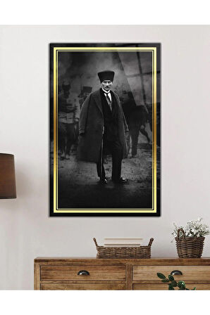 Atatürk Portre Siyah Beyaz Dikey Cam Tablo Hediyelik Büyük Tablo Ev Ofis Dekoru