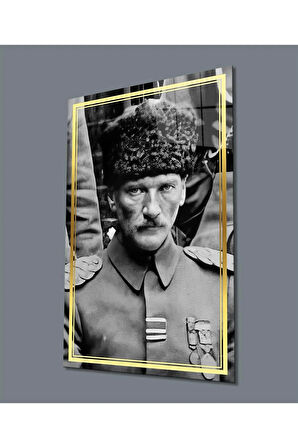 Atatürk Portre Dikey Siyah Beyaz Cam Tablo Hediyelik Büyük Tablo Ev Ofis Dekoru