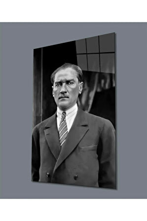 Atatürk Portre Siyah Beyaz Cam Tablo Hediyelik Büyük Tablo Ev Ofis Dekoru