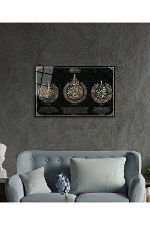 Ayetel Kürsi, Felak ve Nas Suresi Dini İslami Cam Tablo, Ev Ofis Duvar Dekoru Hediyelik Büyük Tablo