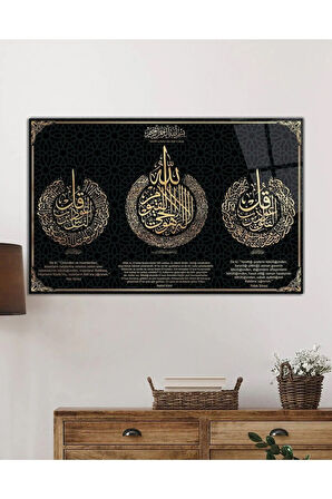 Ayetel Kürsi, Felak ve Nas Suresi Dini İslami Cam Tablo, Ev Ofis Duvar Dekoru Hediyelik Büyük Tablo