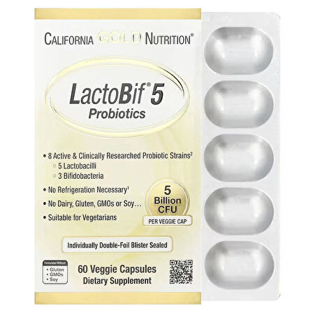 California Gold  LactoBif 5, Probiotics 5 Lactobacilli 3 Bifidobacteria, 5 Billion CFU 60 Vegan Caps