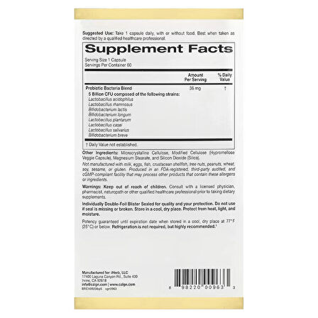 California Gold  LactoBif 5, Probiotics 5 Lactobacilli 3 Bifidobacteria, 5 Billion CFU 60 Vegan Caps