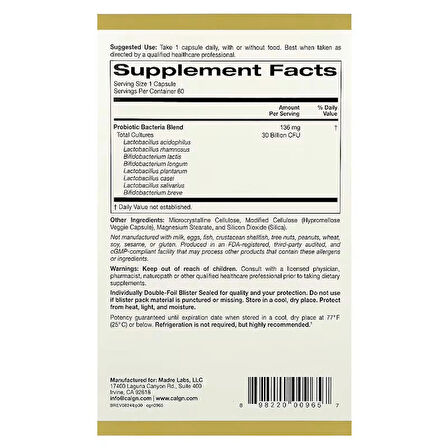 California Gold  LactoBif 5 Probiotics wit 5 Lactobacilli 3 Bifidobacteria, 30 Billion CFU, 60 Vegan