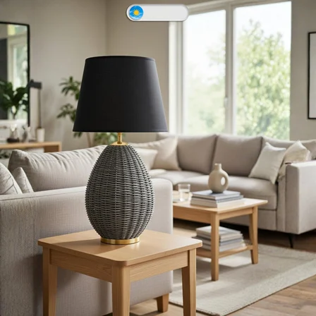 Calmo Gri Gövde Siyah Başlık Dekoratif Rattan Abajur