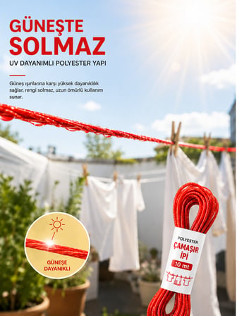 2 Adet 10 mt Polyester Çamaşır İpi PVC Kaplama Sarkma Yapmaz Balkon Çamaşır Askılığı Çok Amaçlı Kurutma İpi Çamaşırlık Kopmaz