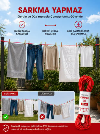 2 Adet 10 mt Polyester Çamaşır İpi PVC Kaplama Sarkma Yapmaz Balkon Çamaşır Askılığı Çok Amaçlı Kurutma İpi Çamaşırlık Kopmaz