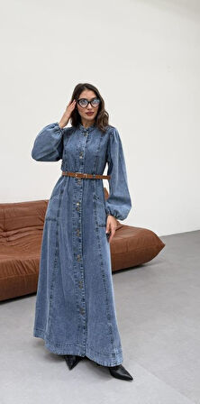 Premium Kalite Düğme ve Kemer Detaylı Denim Kot Elbise Tesettür Jean Elbise 148 cm