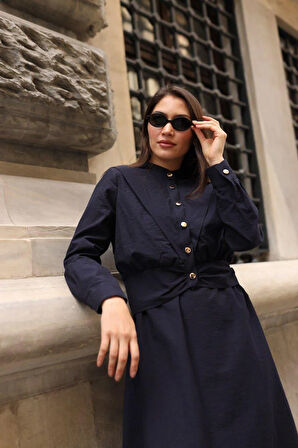 Kadın Beli Büzgülü Alice Jile Elbise ve Ceket İkili Takım 